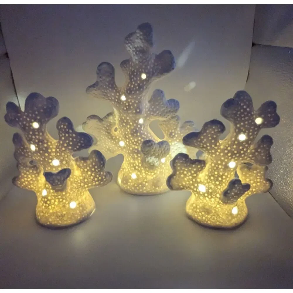 Valerie Parr Hill 3pc Illuminated Porcelain Coral Set White Coastal Decor NOB